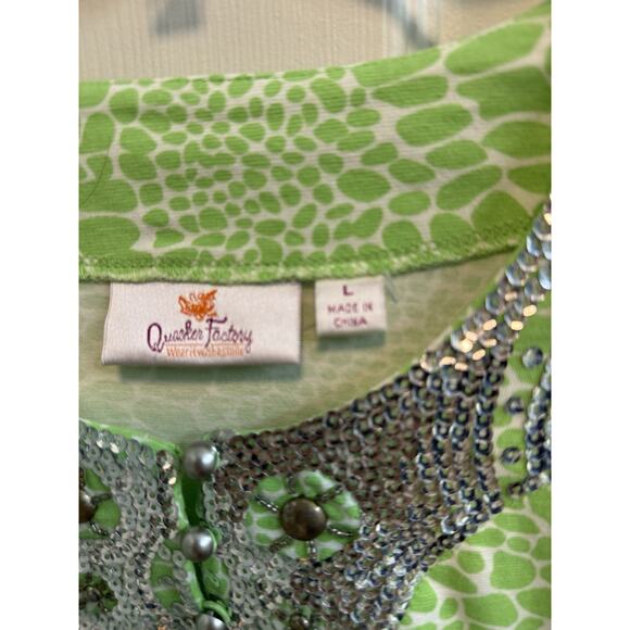 Quacker Factory Large Green White Tunic Silver Sequined Trim At Neck - Picture 3 of 11
